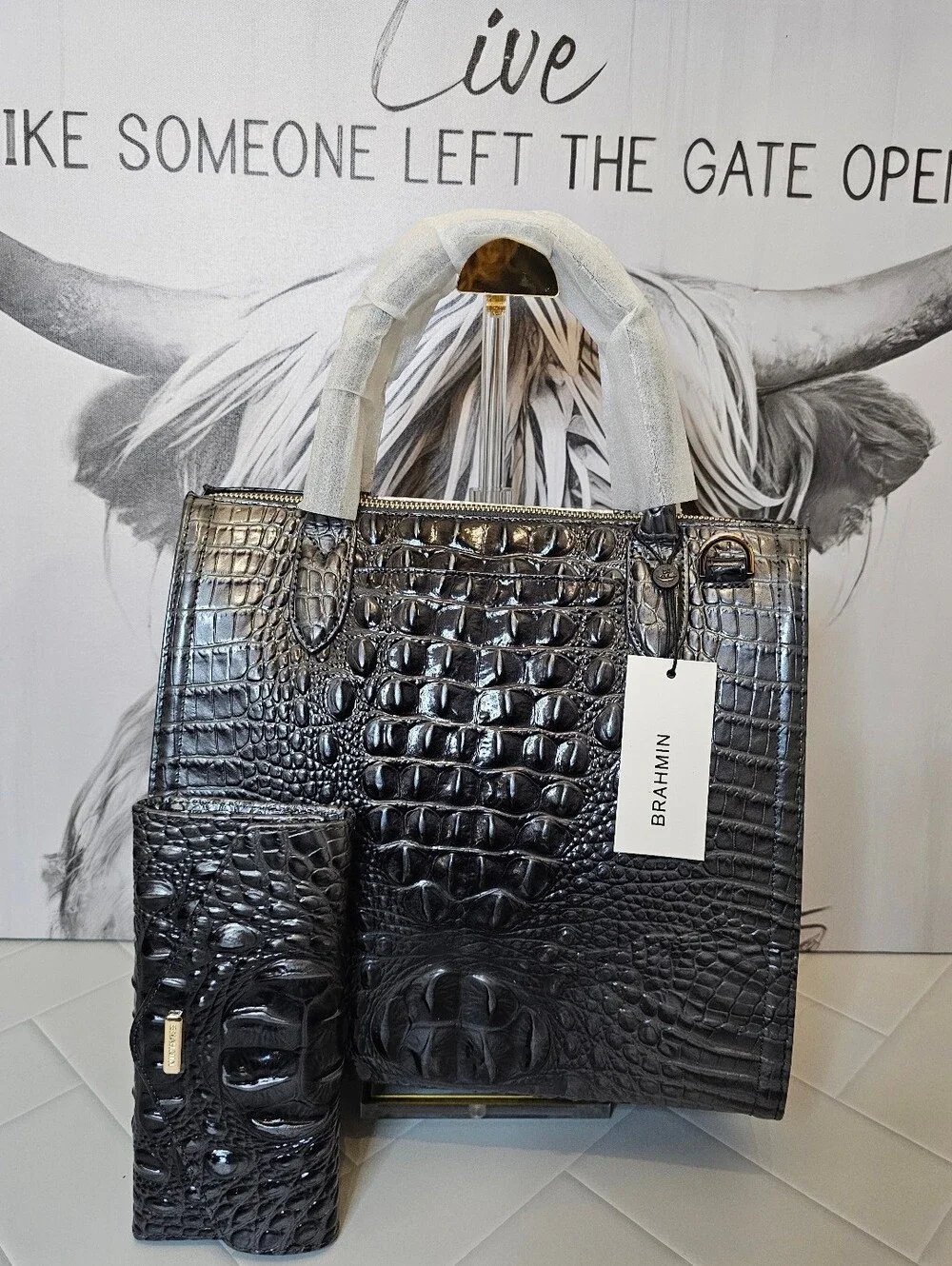 Brahmin Caroline Charcoal Nottingham + Veronica Wallet NWT Set